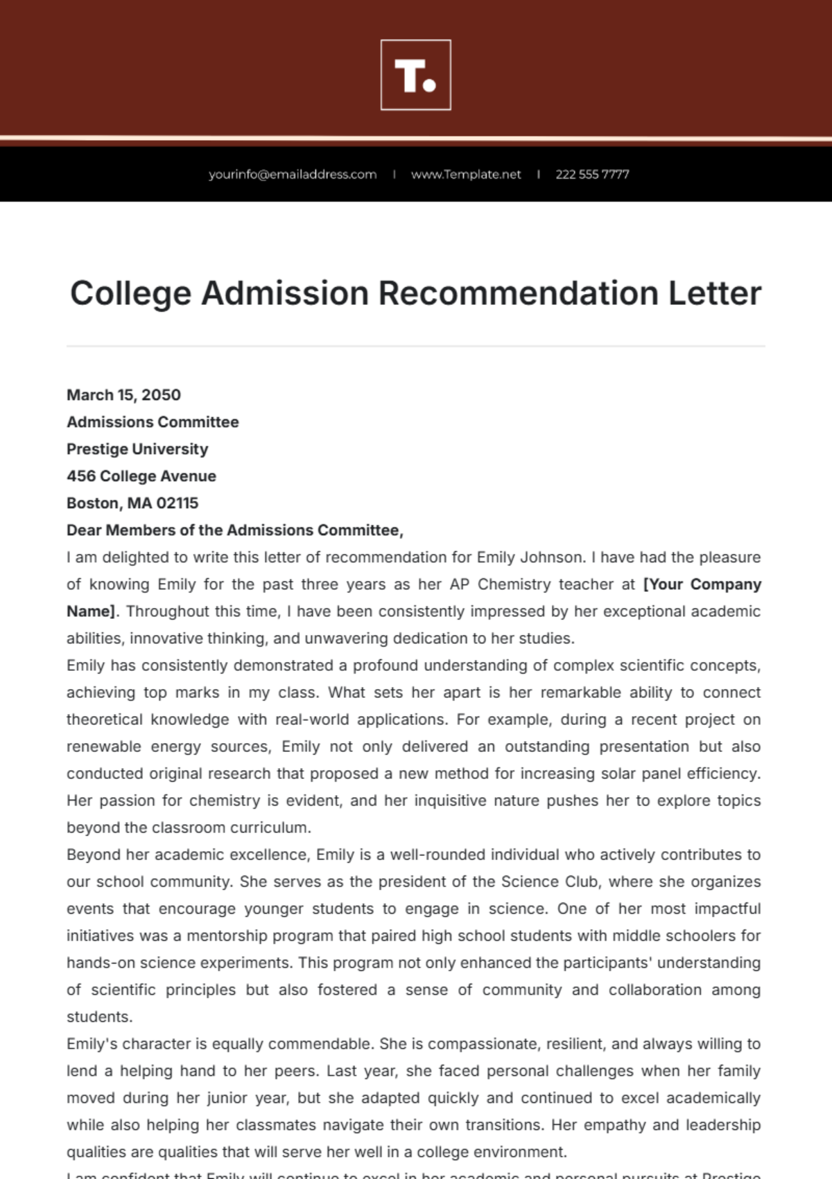 College Admission Recommendation Letter Template - Edit Online & Download