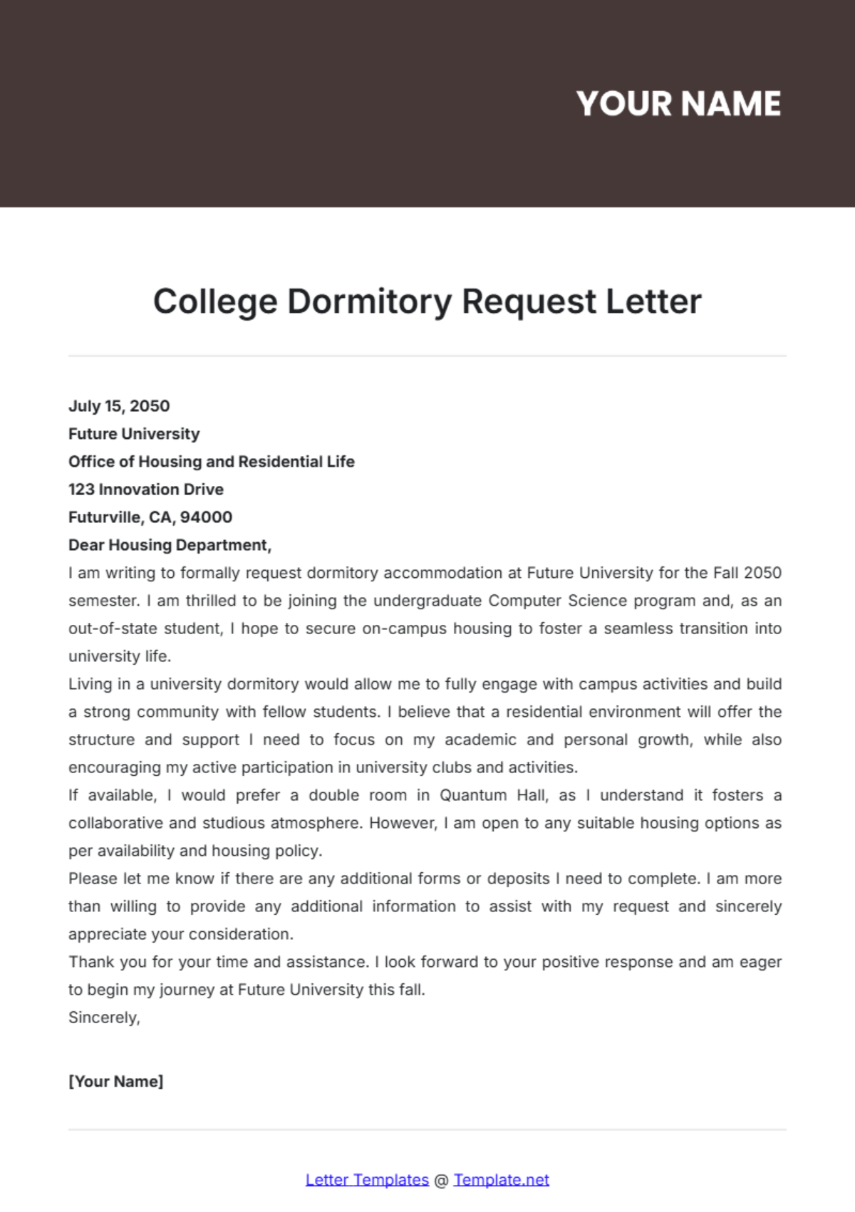 College Dormitory Request Letter Template - Edit Online & Download