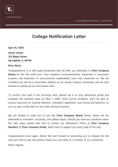 Free College Notification Letter Template to Edit Online