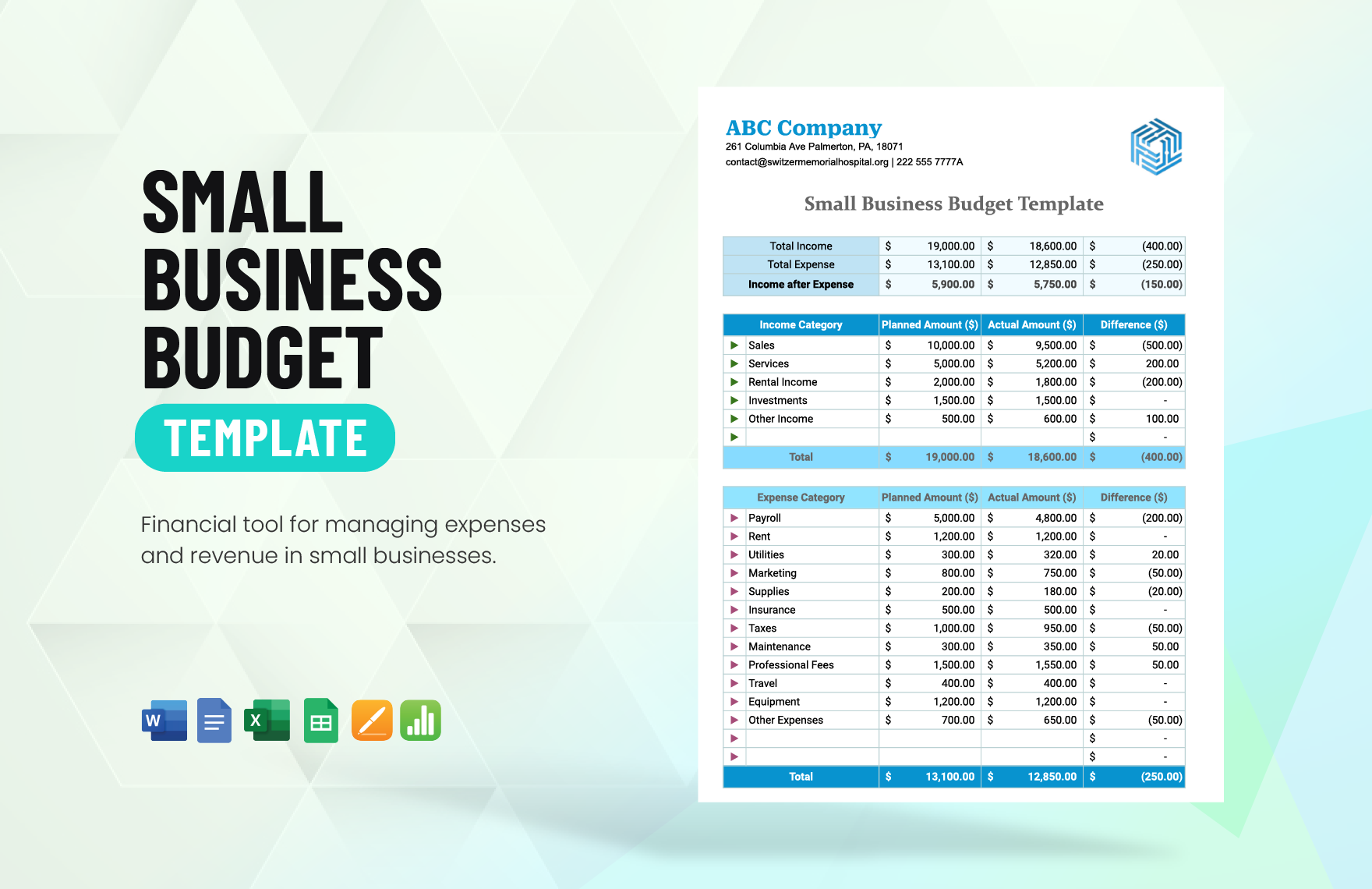 Free Small Business Budget Spreadsheet Template in Word, Google Docs, Excel, Google Sheets, Apple Pages, Apple Numbers