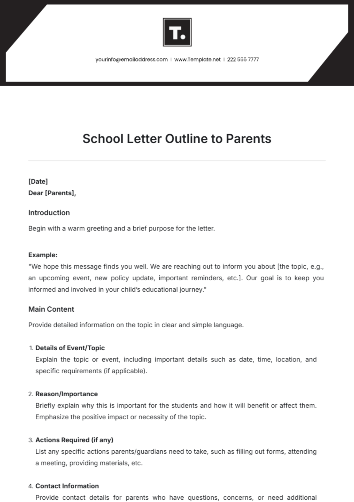 School Letter Outline Template to Parents - Edit Online & Download