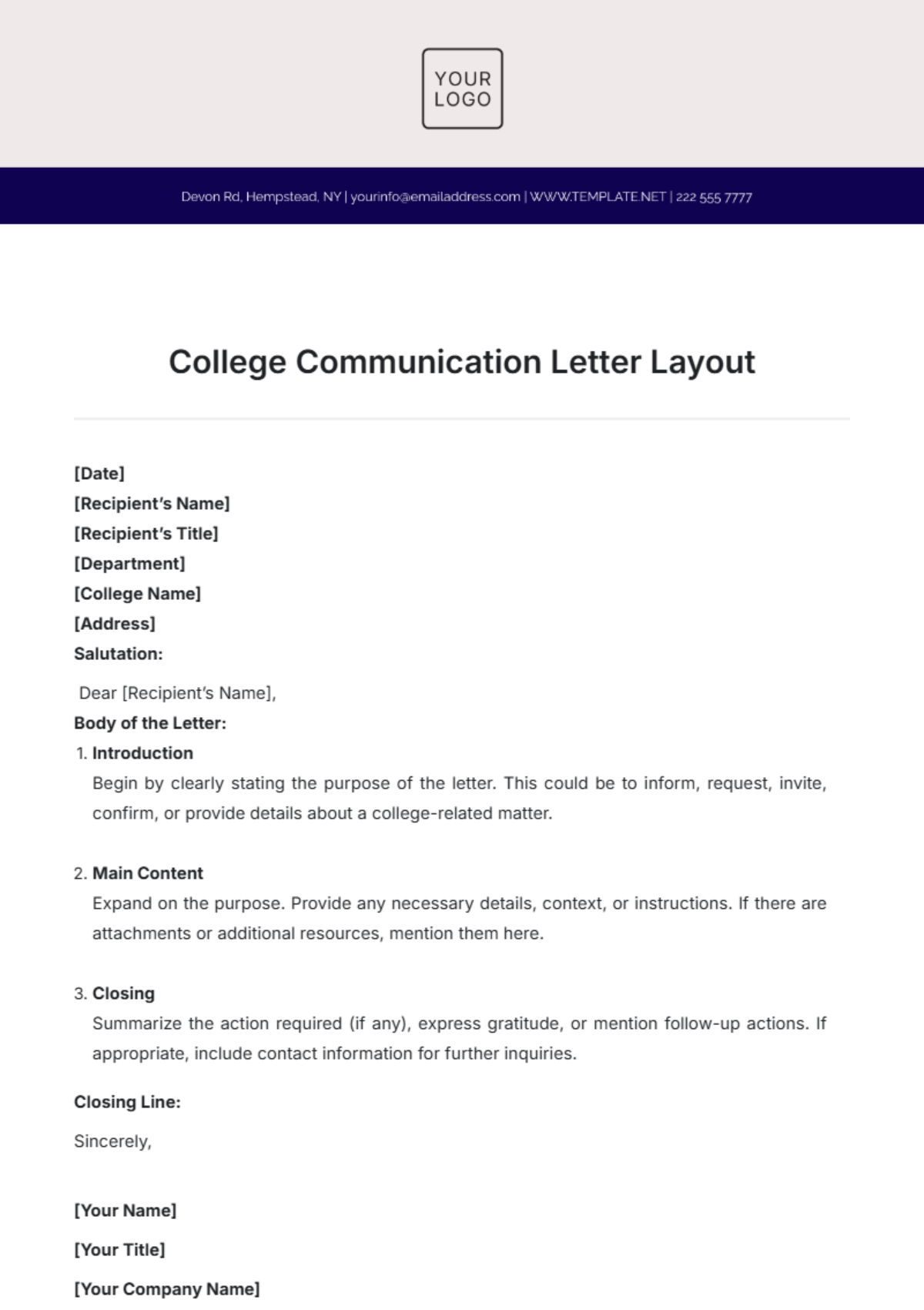 College Communication Letter Layout Template - Edit Online & Download