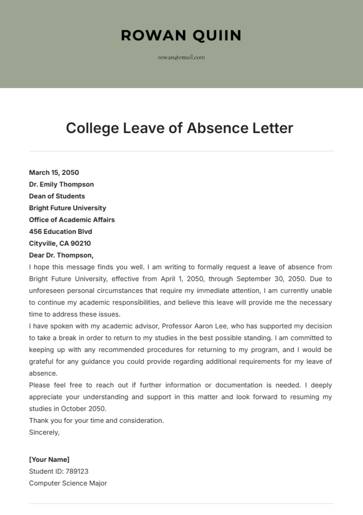 College Leave of Absence Letter Template - Edit Online & Download