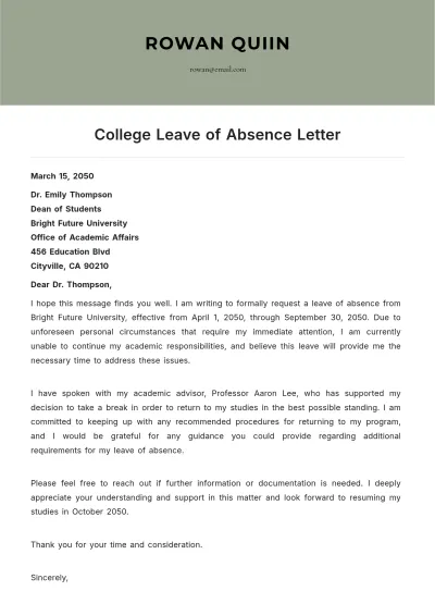 Free College Leave of Absence Letter Template to Edit Online