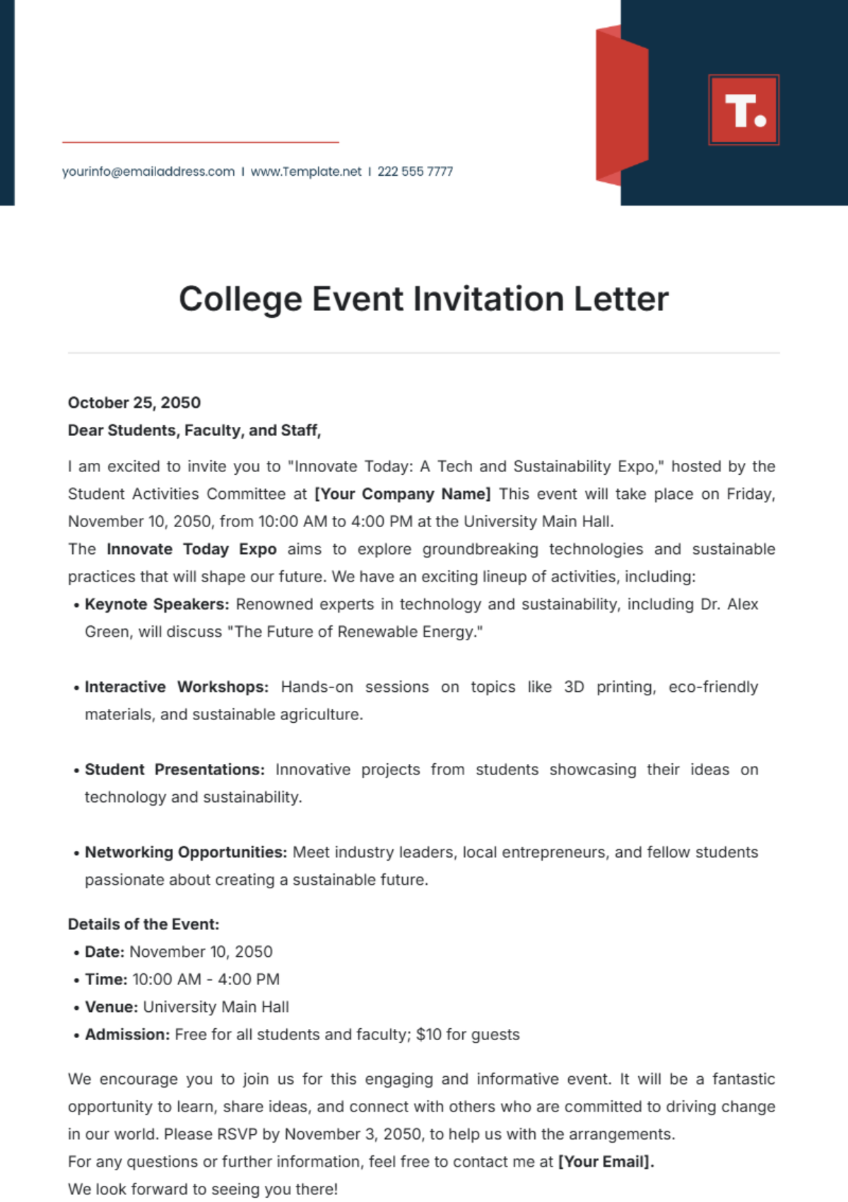 College Event Invitation Letter Template - Edit Online & Download