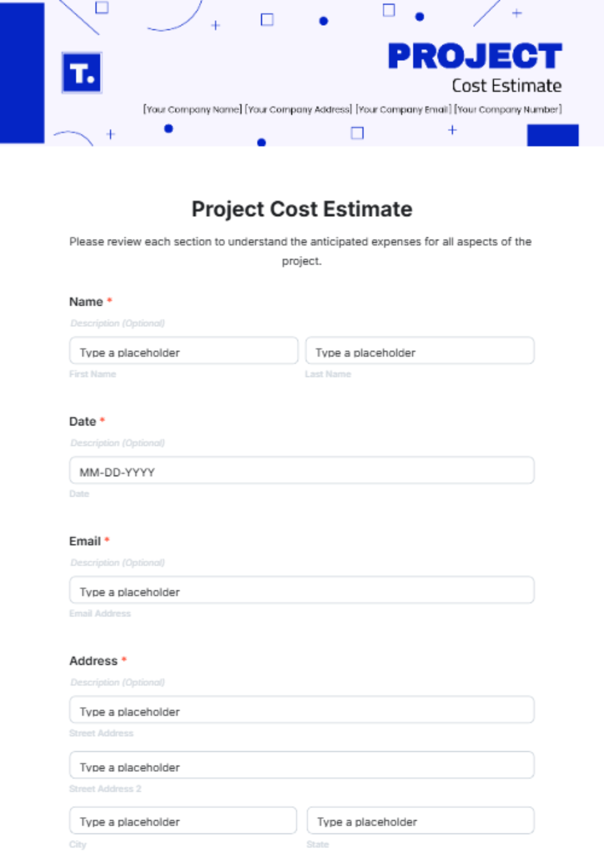 Project Cost Estimate Template - Edit Online & Download