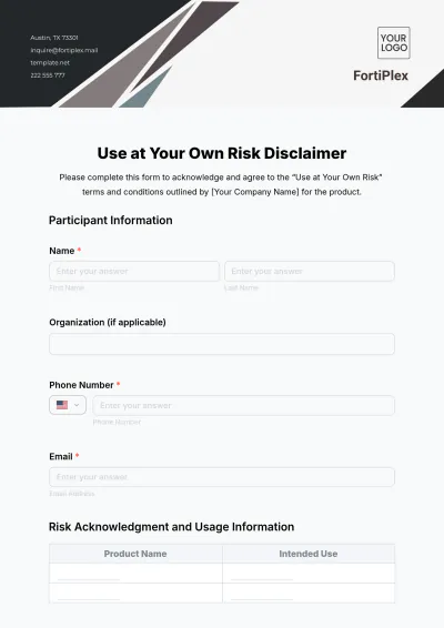 Free Use at Your Own Risk Disclaimer Template to Edit Online