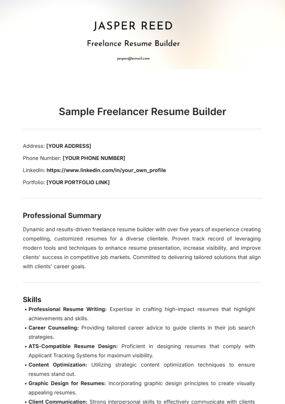 Sample Freelancer Resume Builder Template - Edit Online & Download