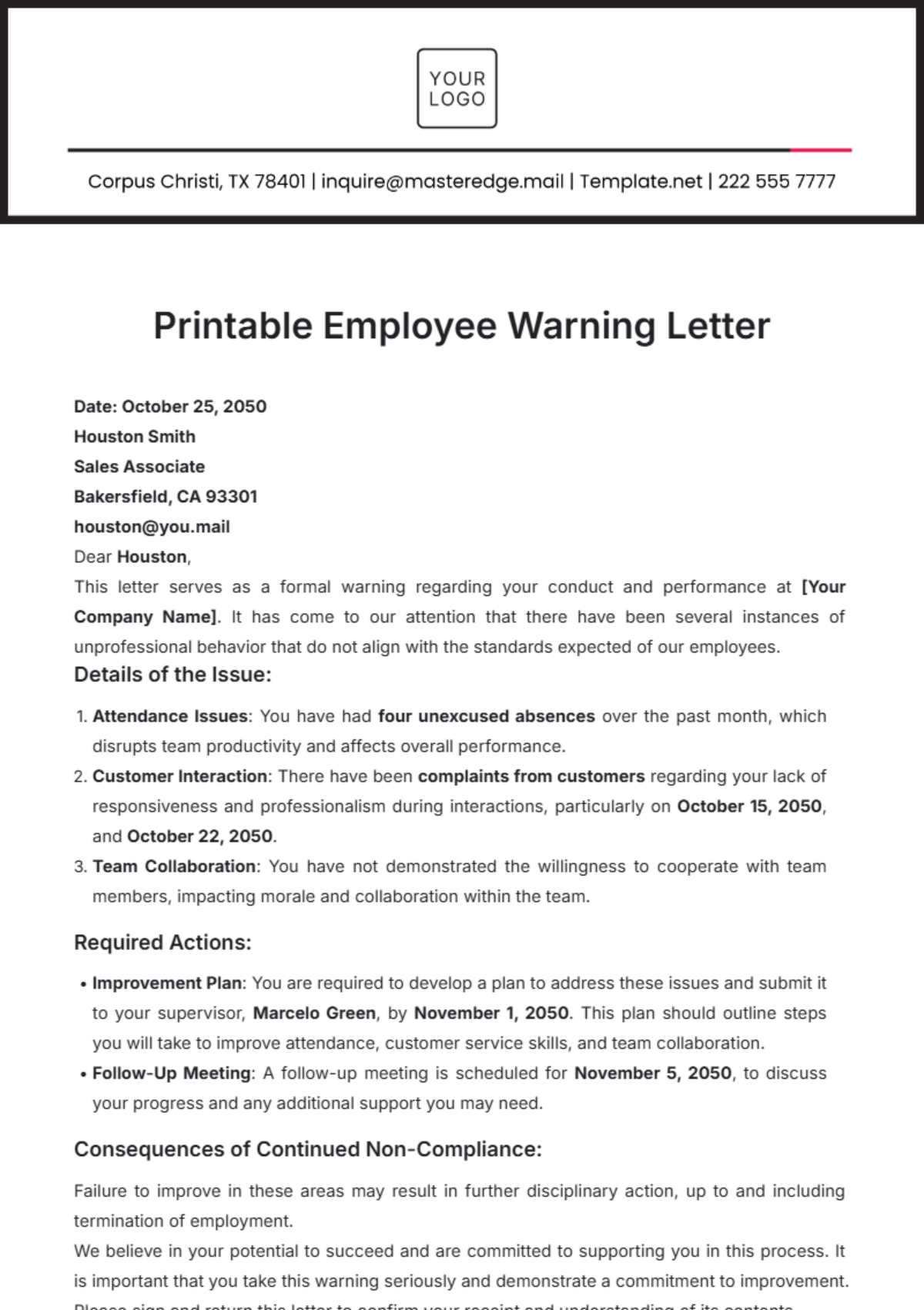 Printable Employee Warning Letter Template - Edit Online & Download