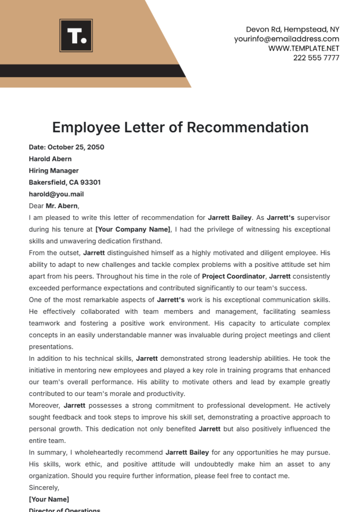 Employee Letter of Recommendation Template - Edit Online & Download