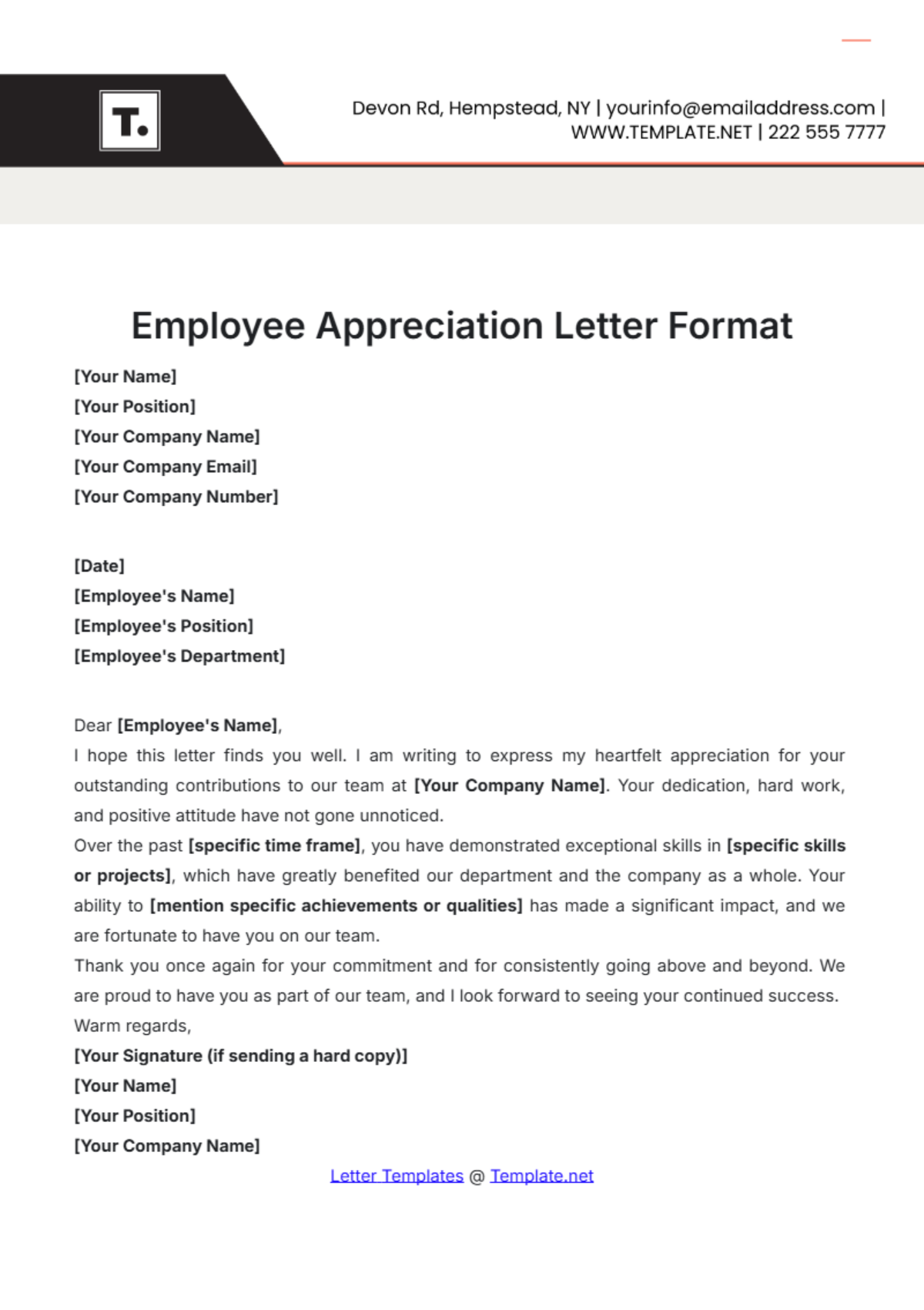 Employee Appreciation Letter Format Template - Edit Online & Download