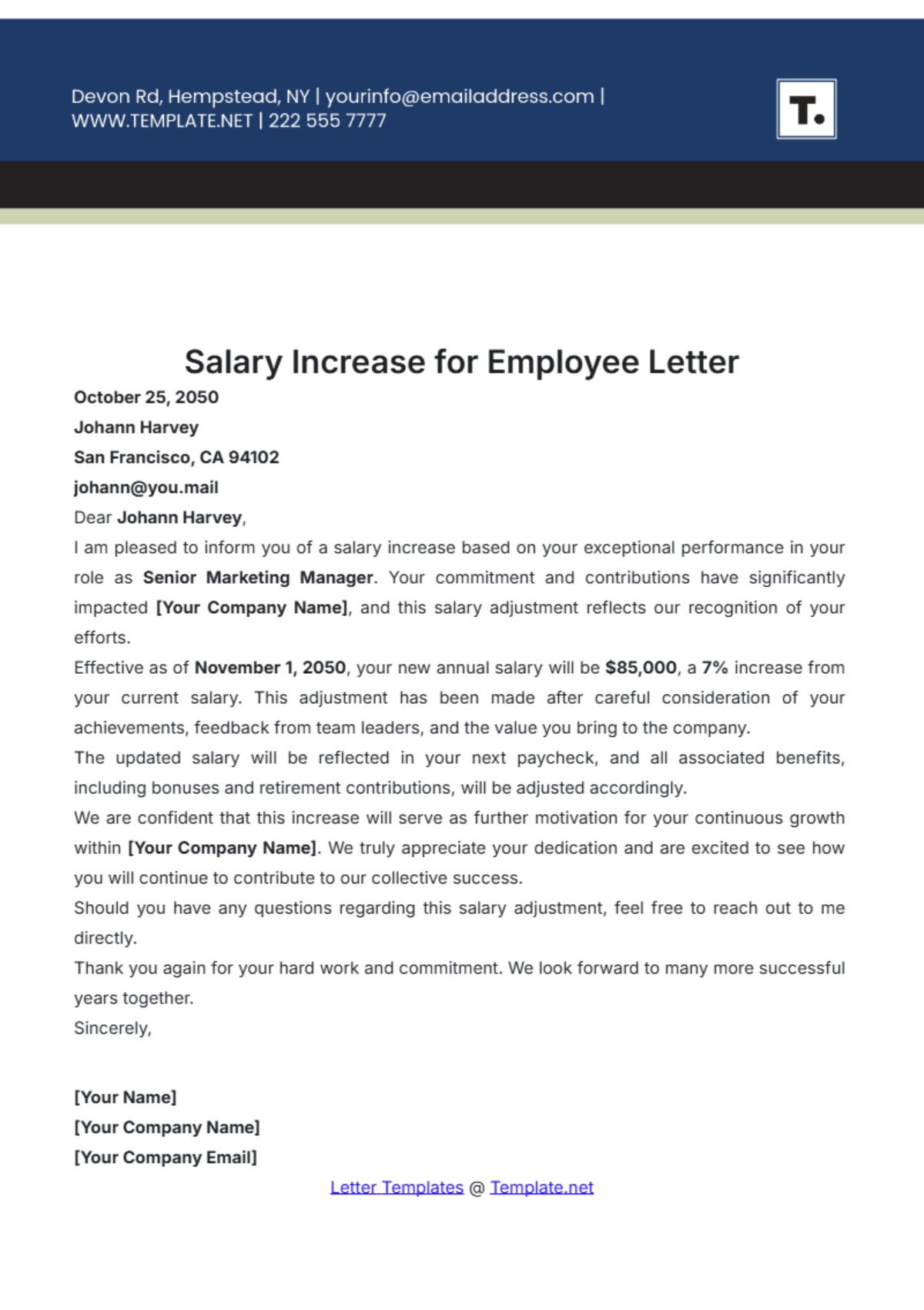 Salary Increase for Employee Letter Template - Edit Online & Download