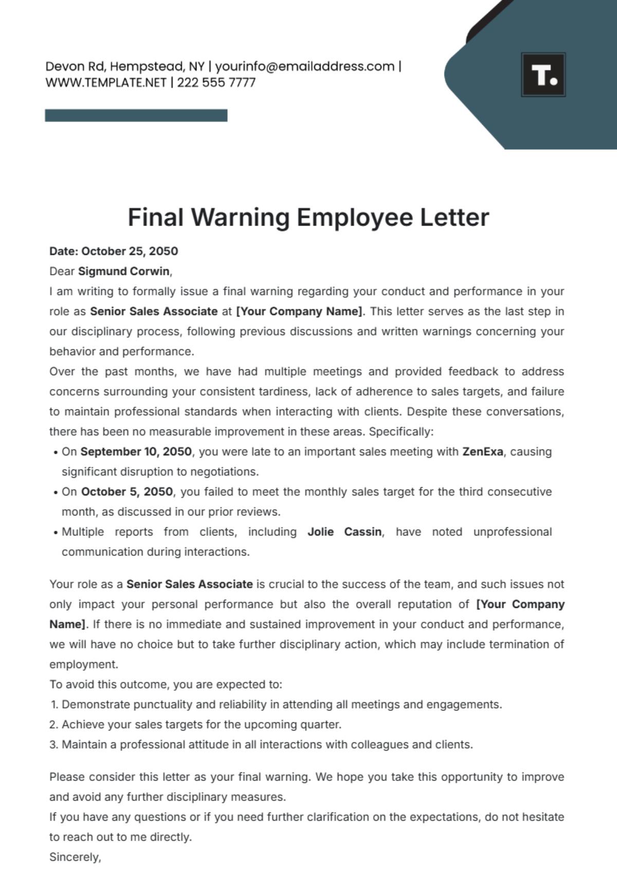 Final Warning Employee Letter Template - Edit Online & Download