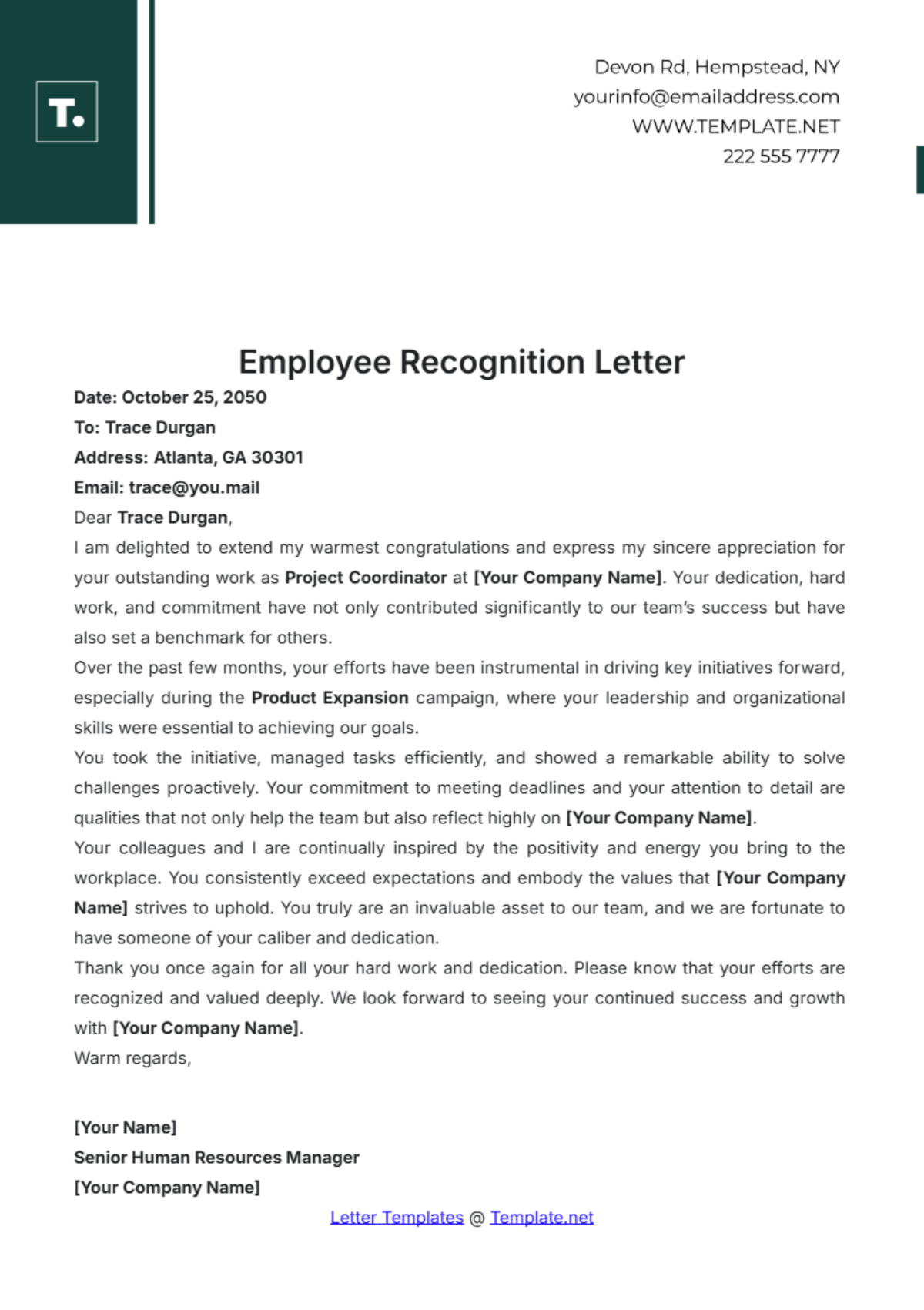 Employee Recognition Letter Template - Edit Online & Download