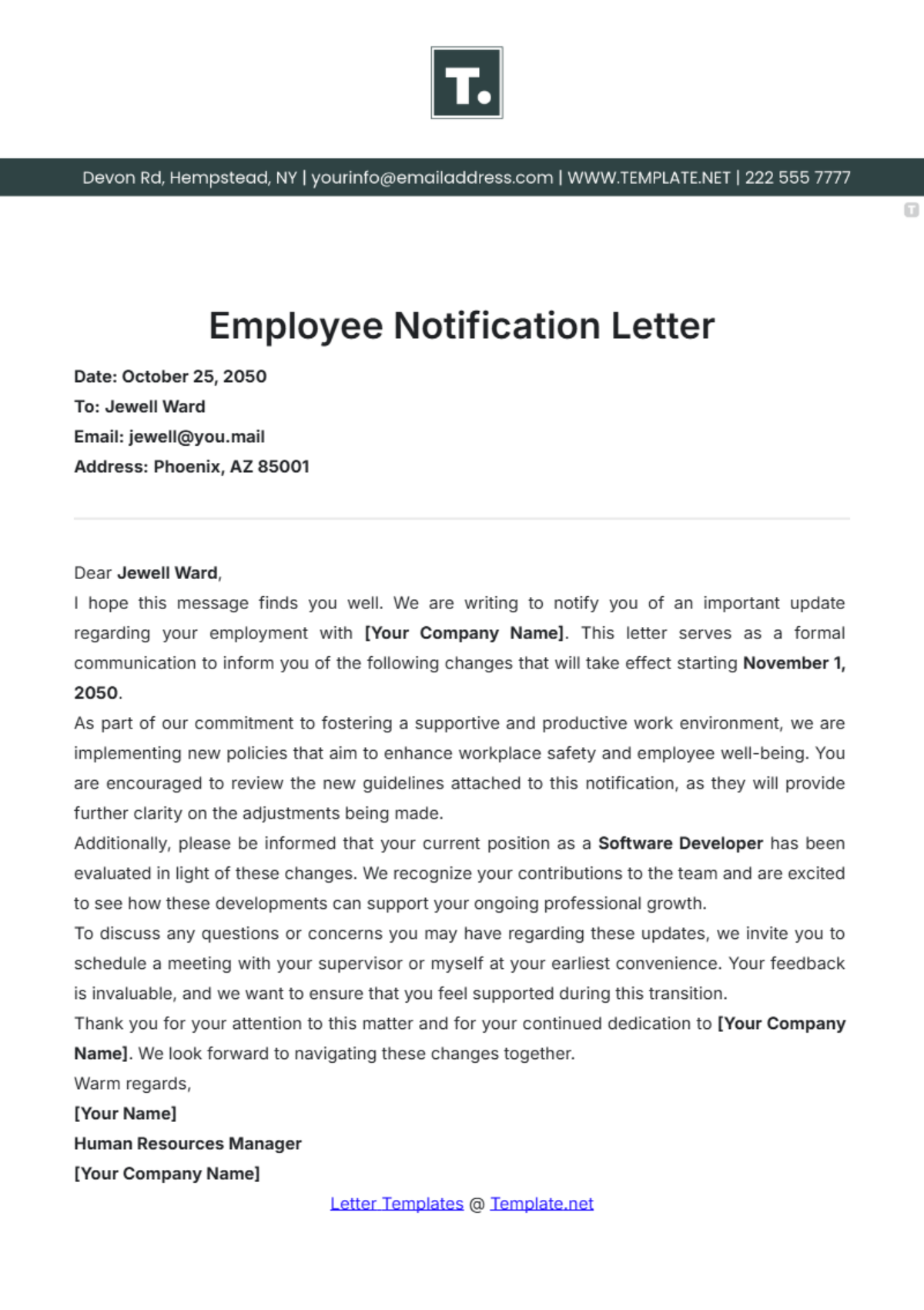 Employee Notification Letter Template - Edit Online & Download