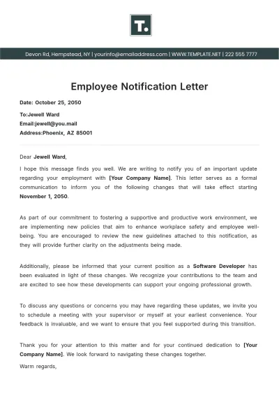 Free Employee Notification Letter Template to Edit Online