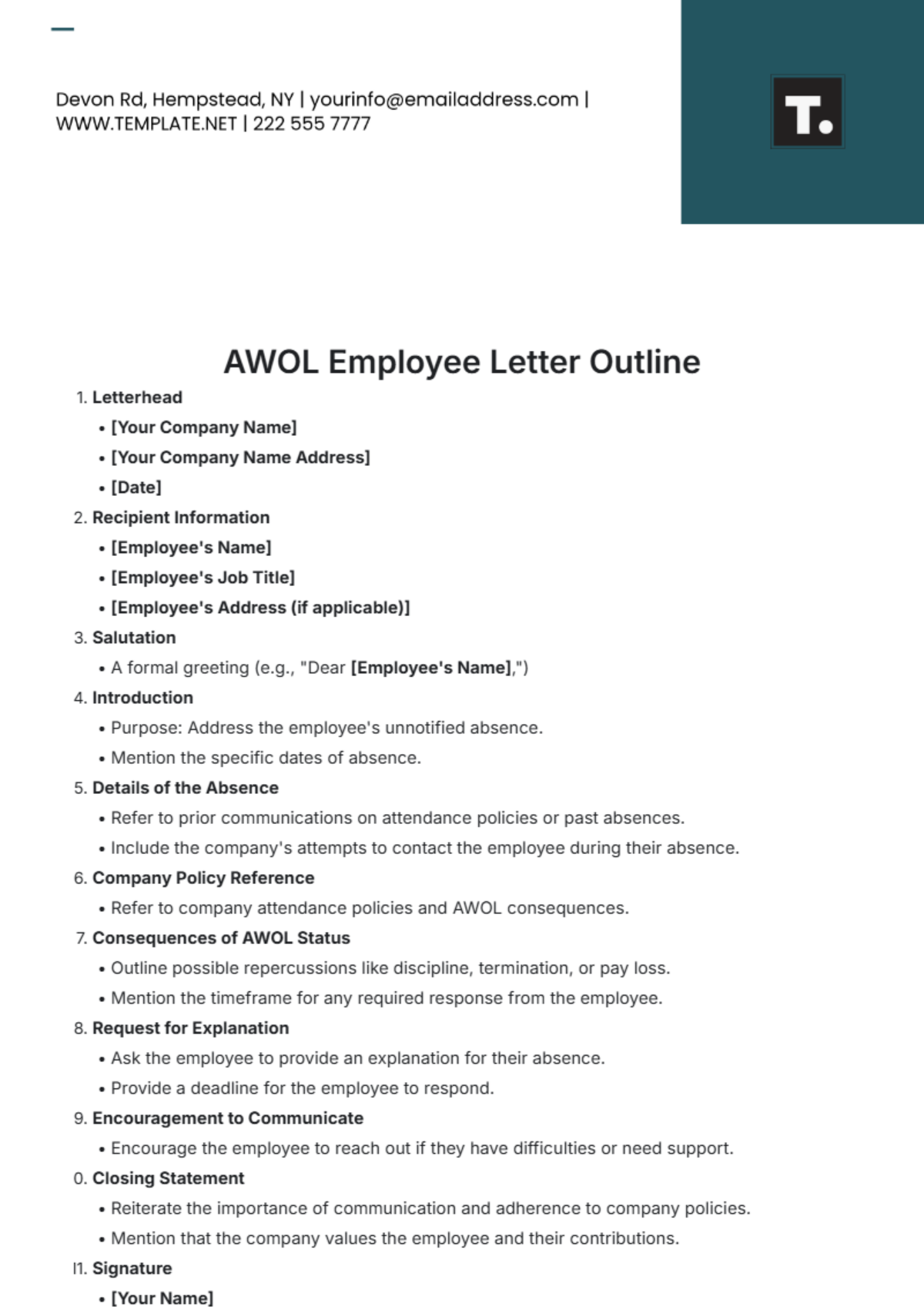 AWOL Employee Letter Outline Template - Edit Online & Download