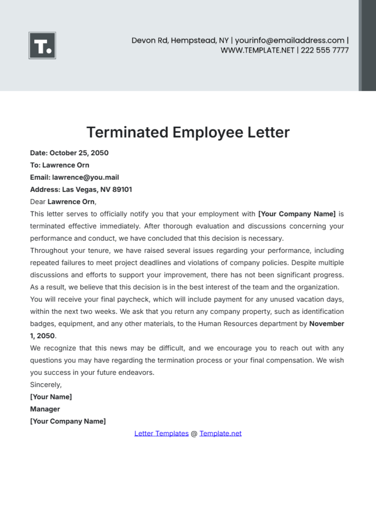 Terminated Employee Letter Template - Edit Online & Download