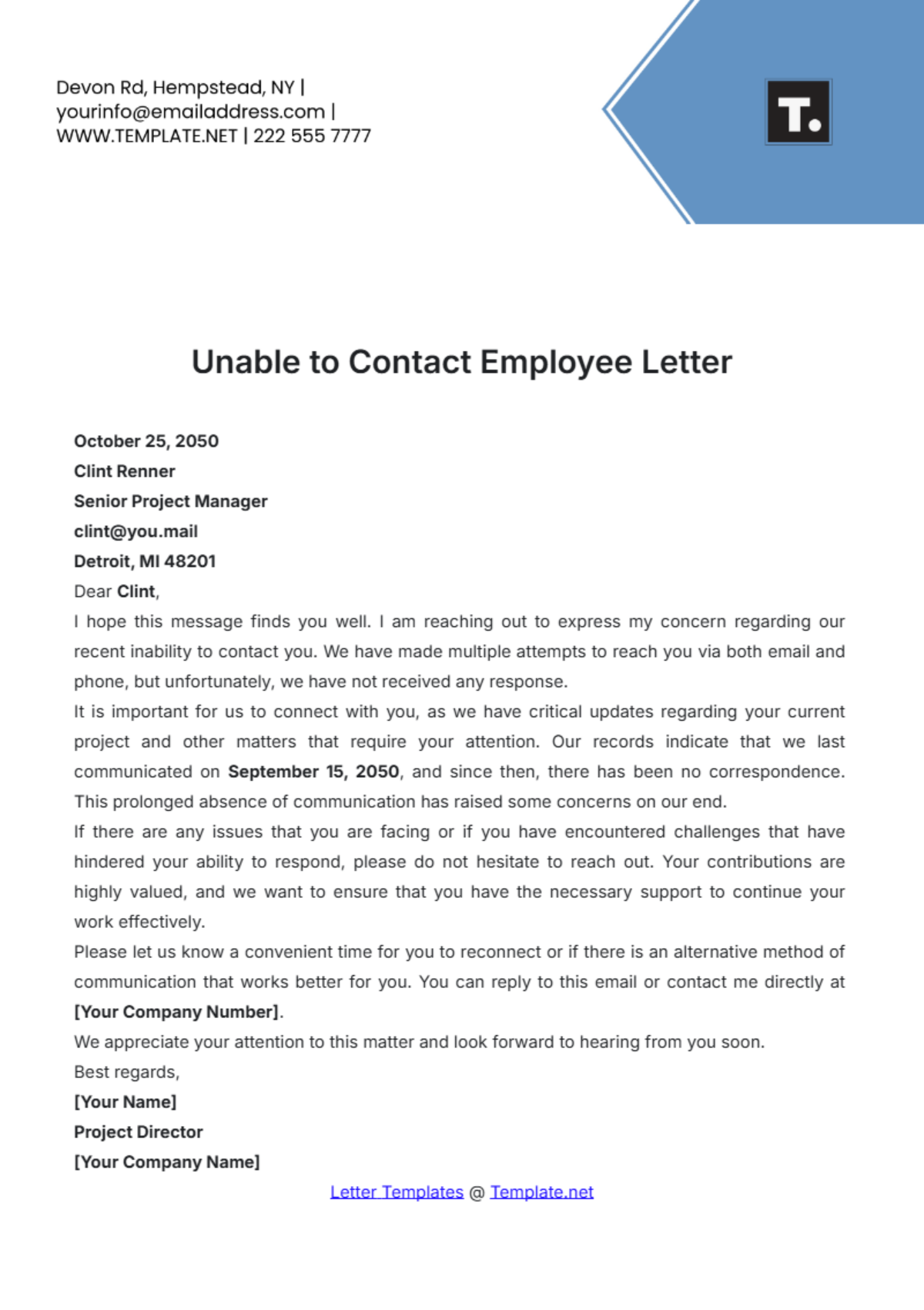 Unable to Contact Employee Letter Template - Edit Online & Download