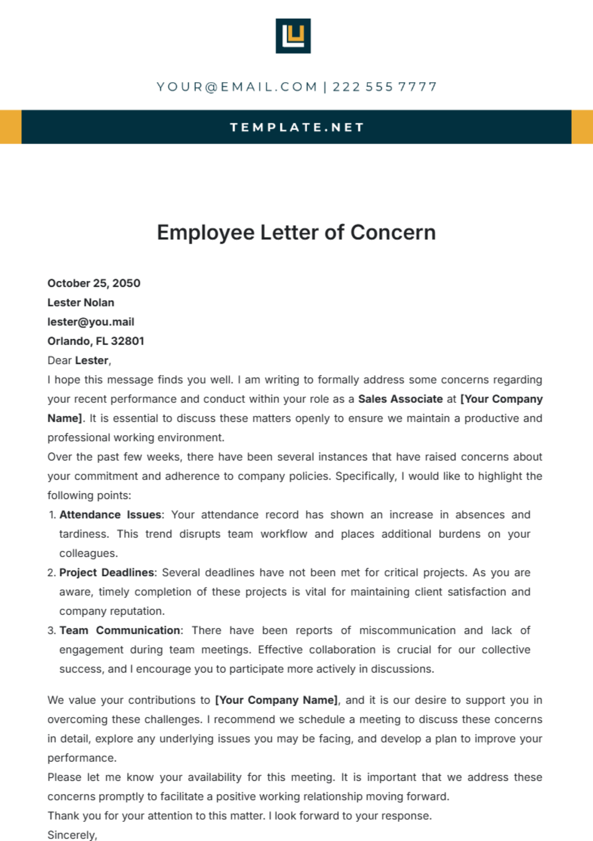 Employee Letter of Concern Template - Edit Online & Download