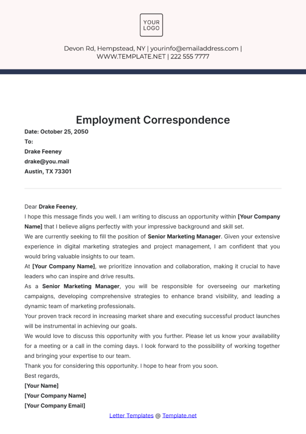 Employment Correspondence Template - Edit Online & Download