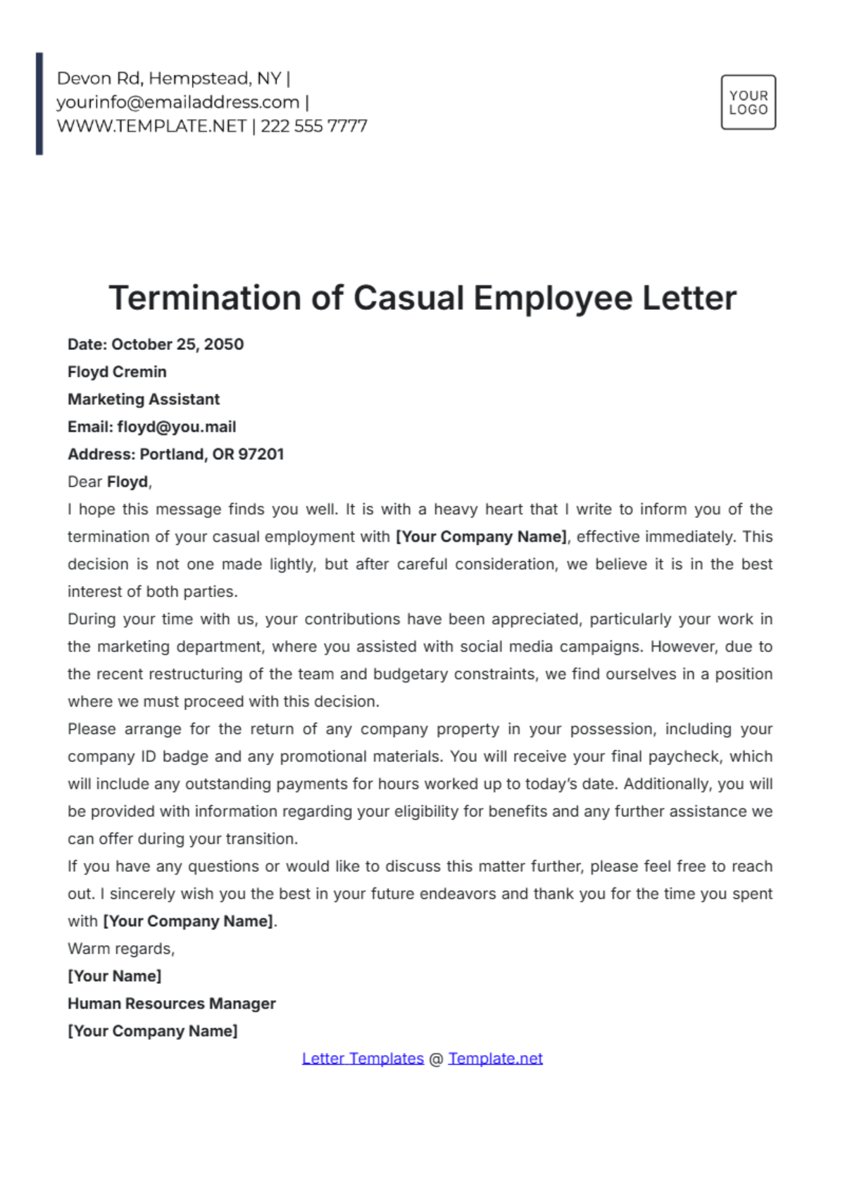 Termination of Casual Employee Letter Template - Edit Online & Download