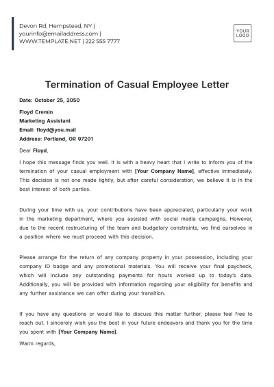 Free Termination of Casual Employee Letter Template to Edit Online