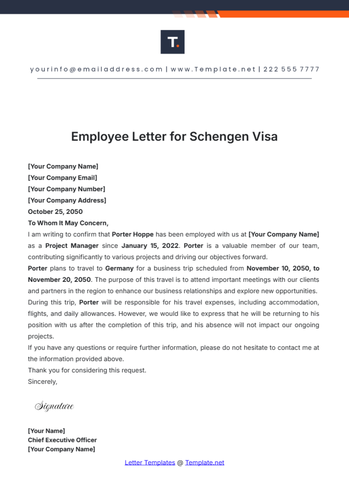 Employee Letter for Schengen Visa Template - Edit Online & Download