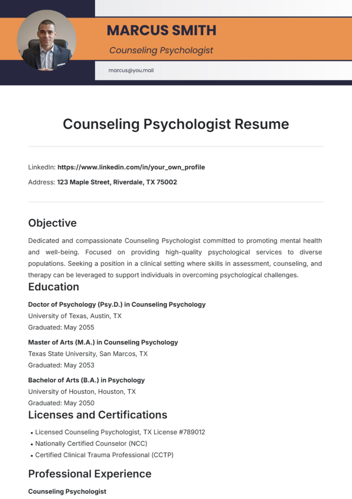 Counseling Psychologist Resume Template - Edit Online & Download