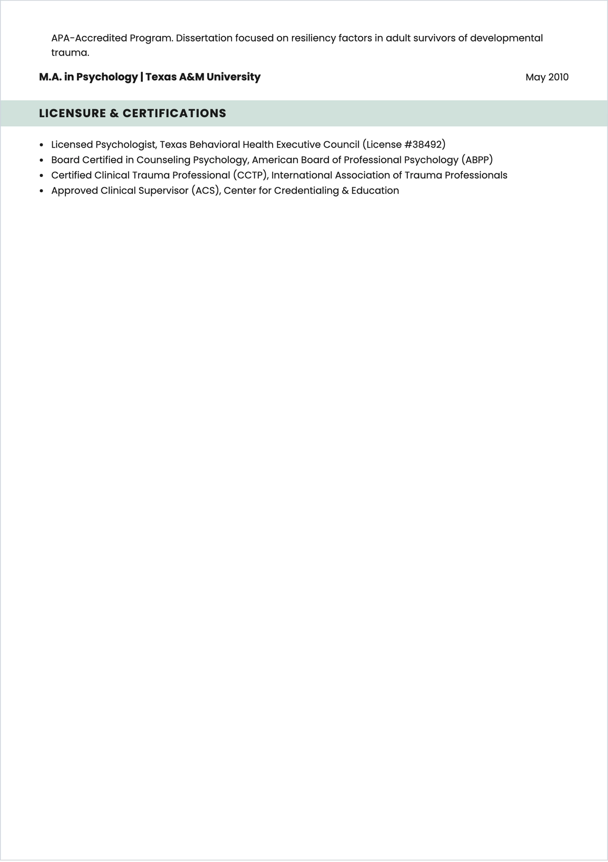 Free Counseling Psychologist ATS Resume Template, AI Resume Builder