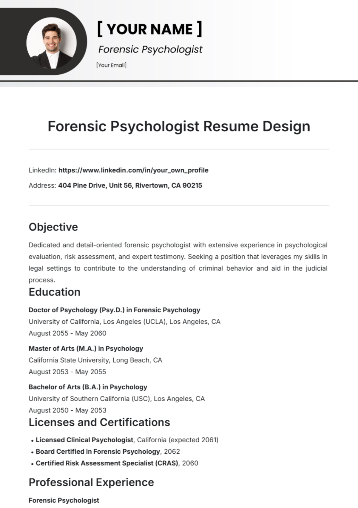 Forensic Psychologist Resume Design Template - Edit Online & Download