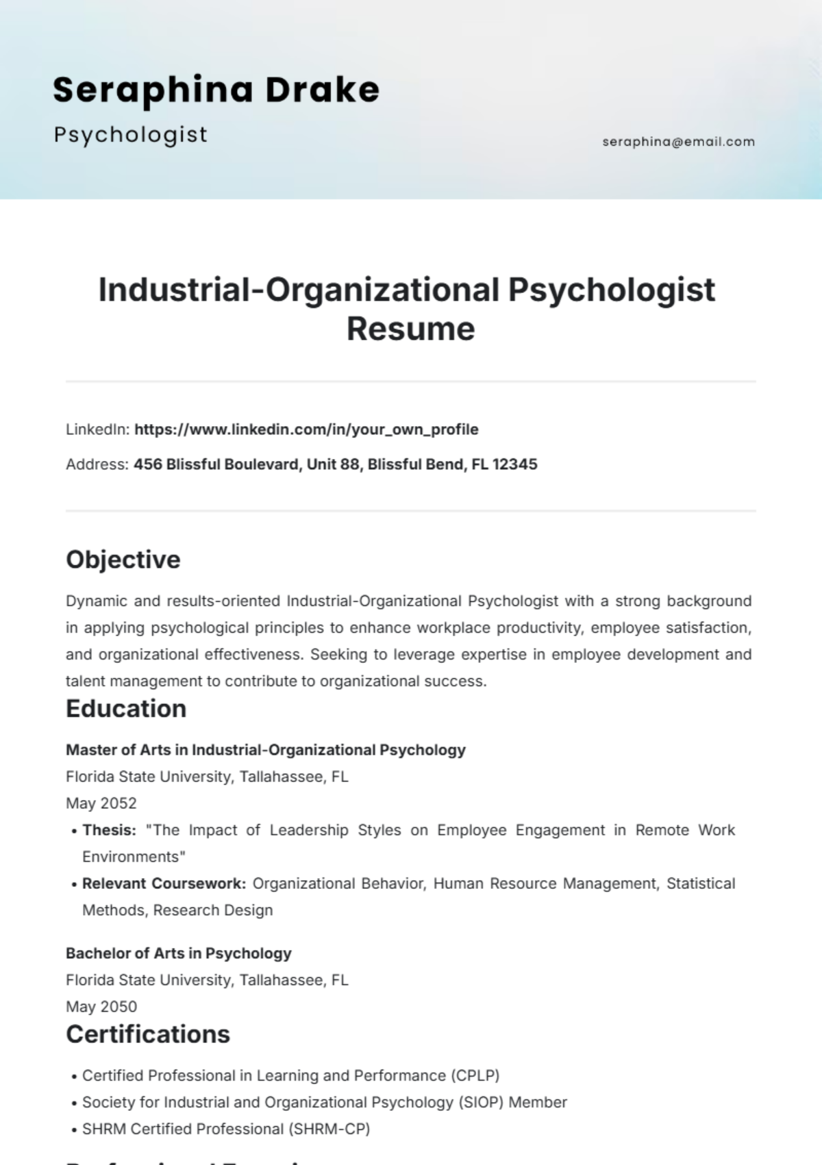 Industrial-Organizational Psychologist Resume Template - Edit Online & Download