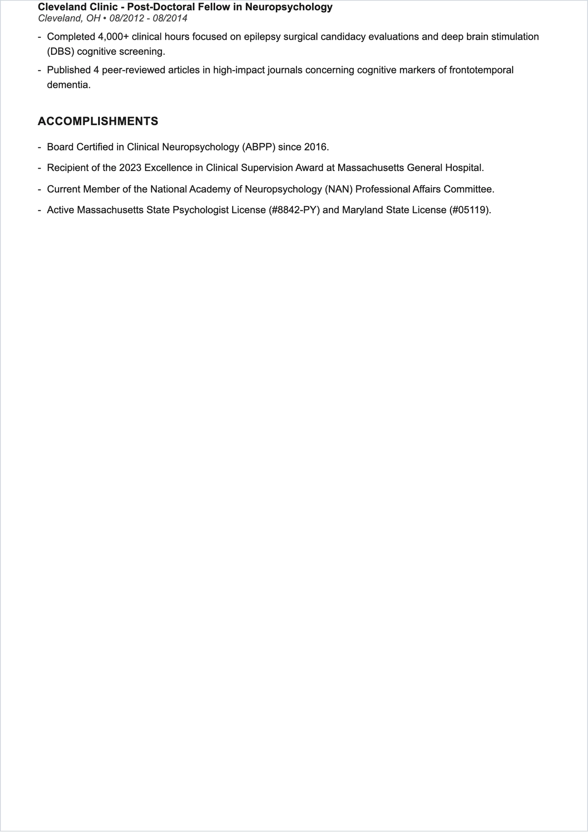 Free Neuropsychologist ATS Resume Template, AI Resume Builder