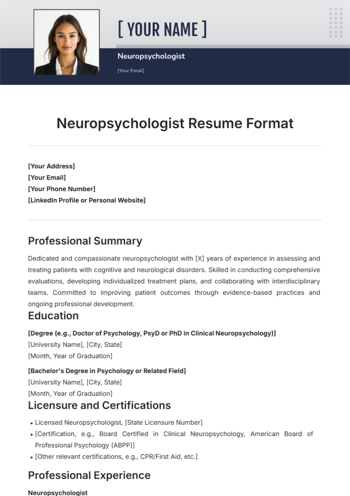 Neuropsychologist Resume Format Template - Edit Online & Download