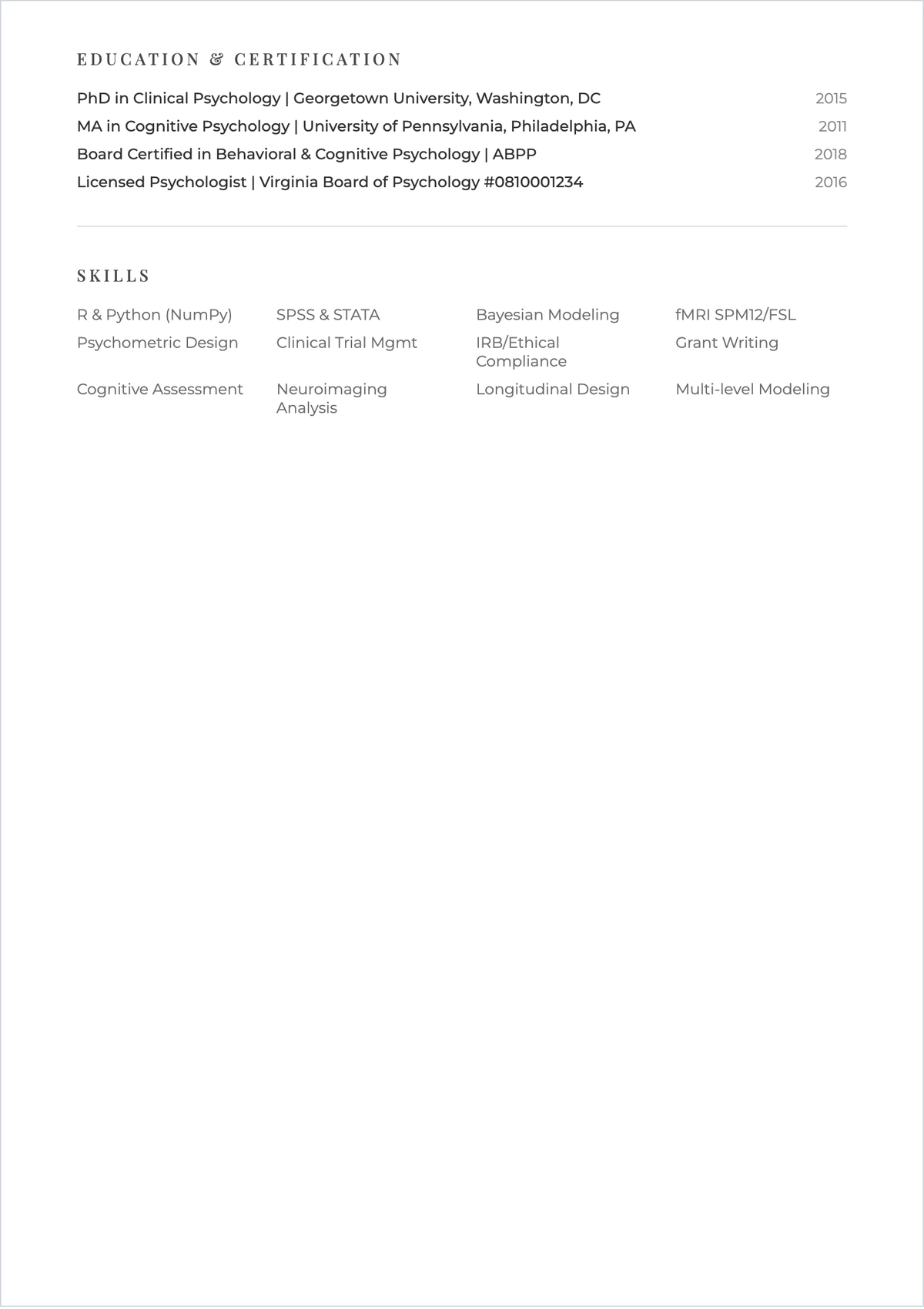 Free Research Psychologist ATS Resume Template, AI Resume Builder