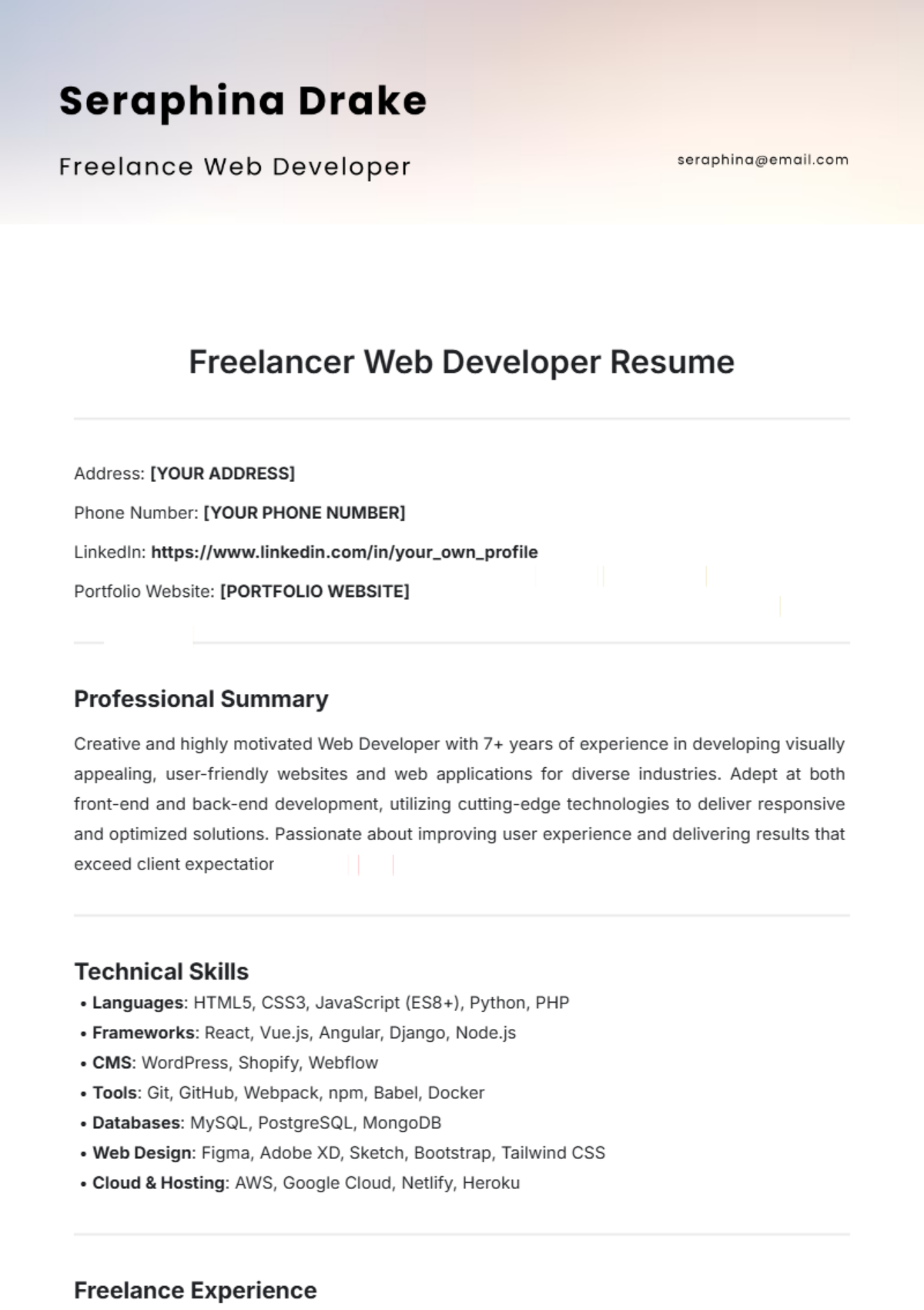 Freelancer Web Developer Resume Template - Edit Online & Download