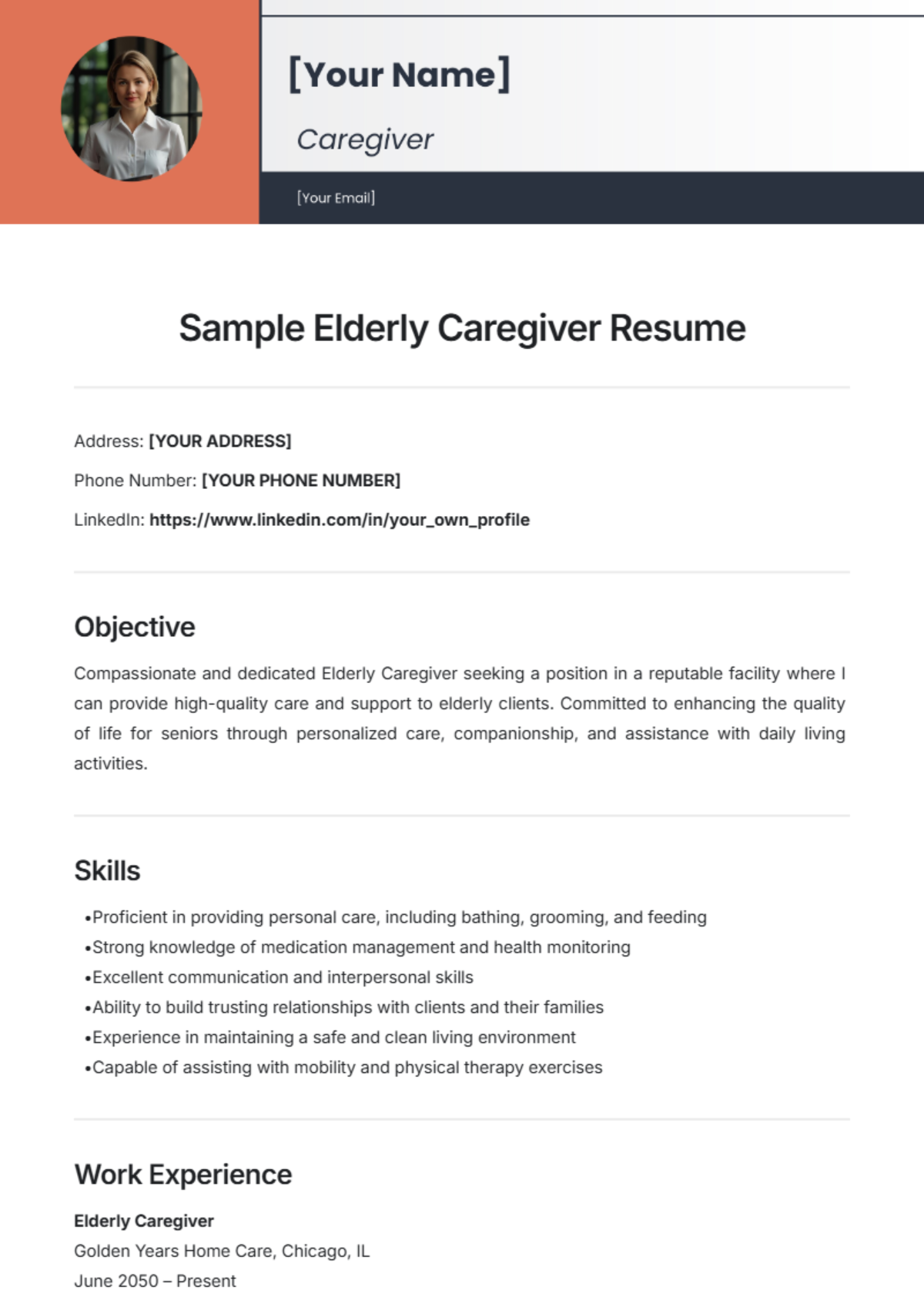 Sample Elderly Caregiver Resume Template - Edit Online & Download