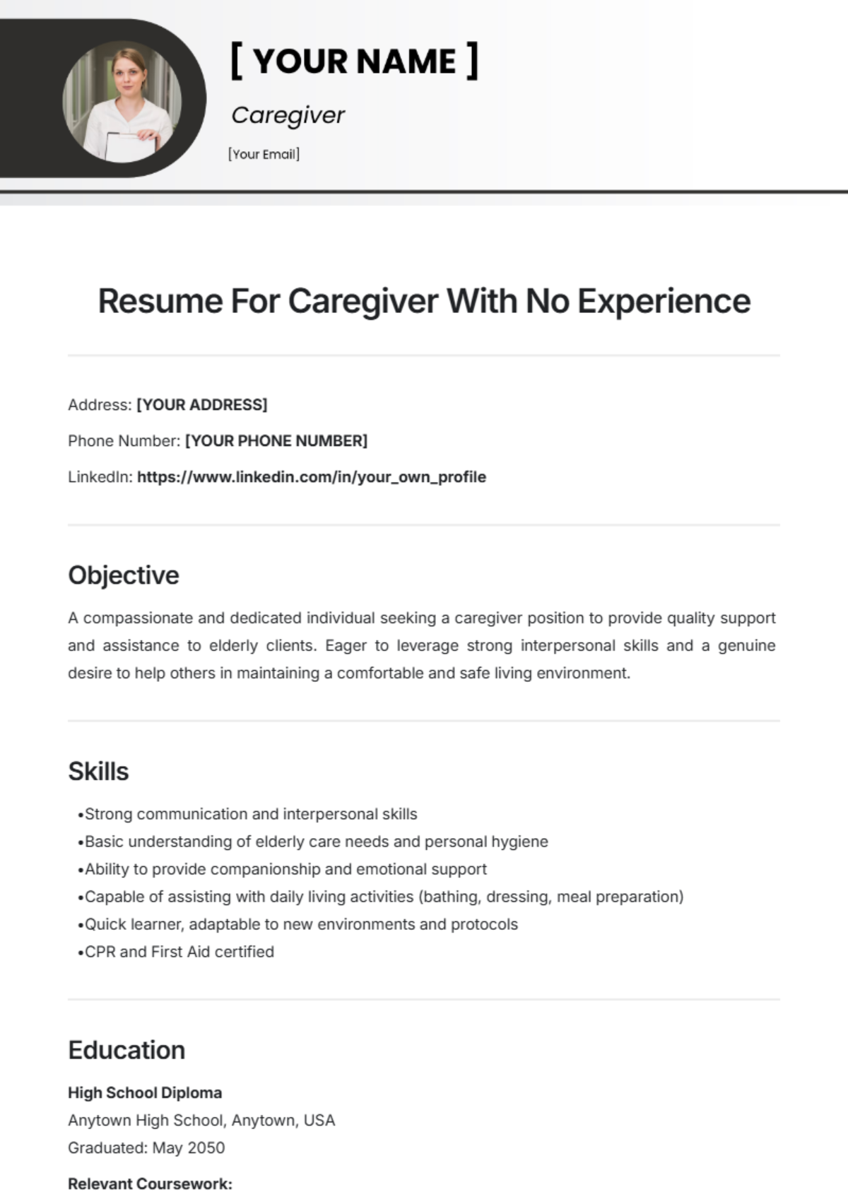 Resume For Caregiver With No Experience Template - Edit Online & Download