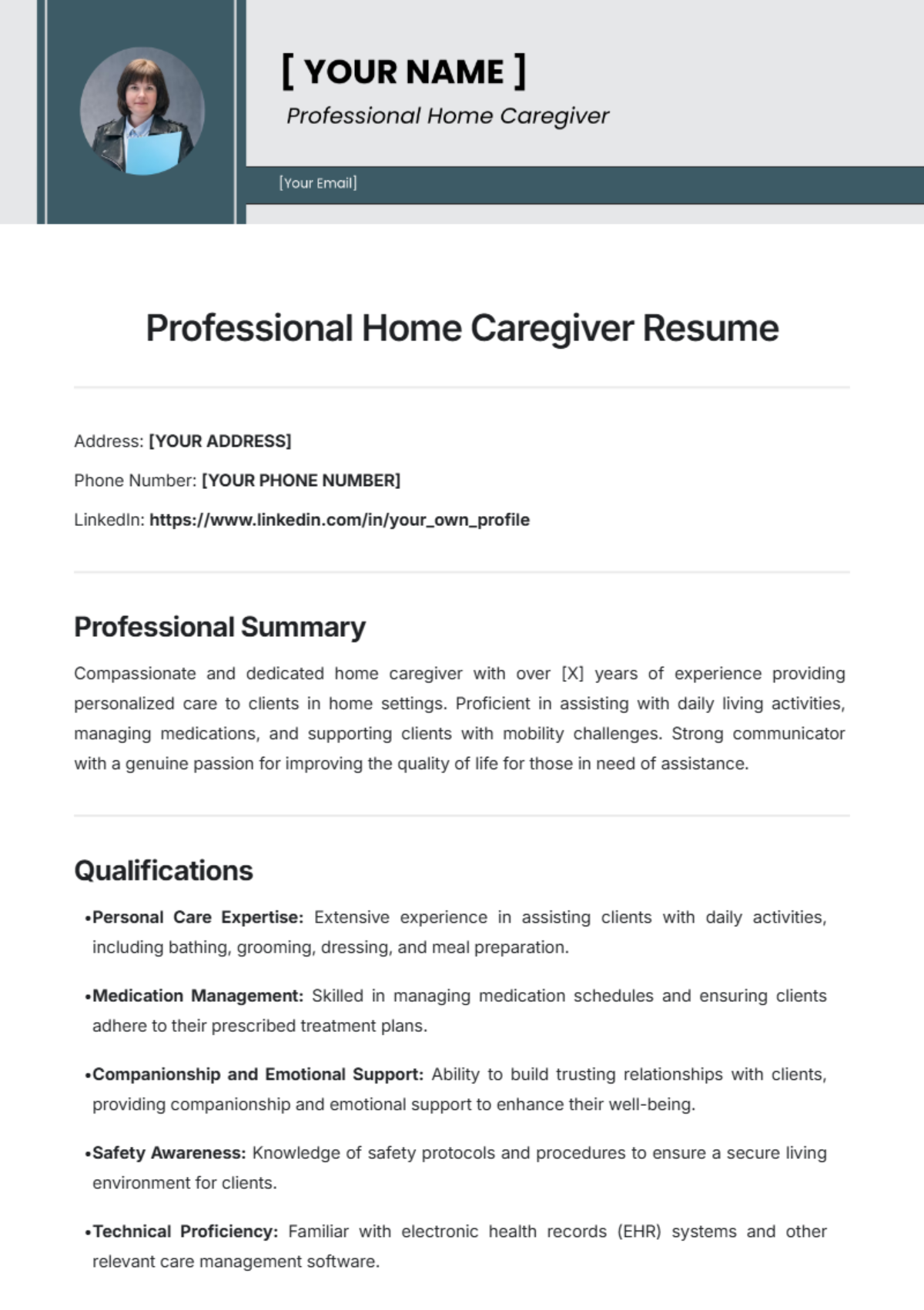 Professional Home Caregiver Resume Template - Edit Online & Download