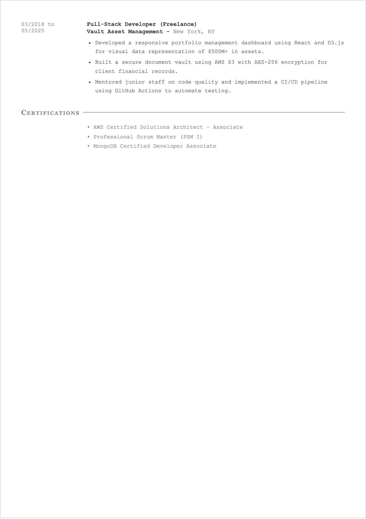 Free Freelancer Software Developer ATS Resume Template