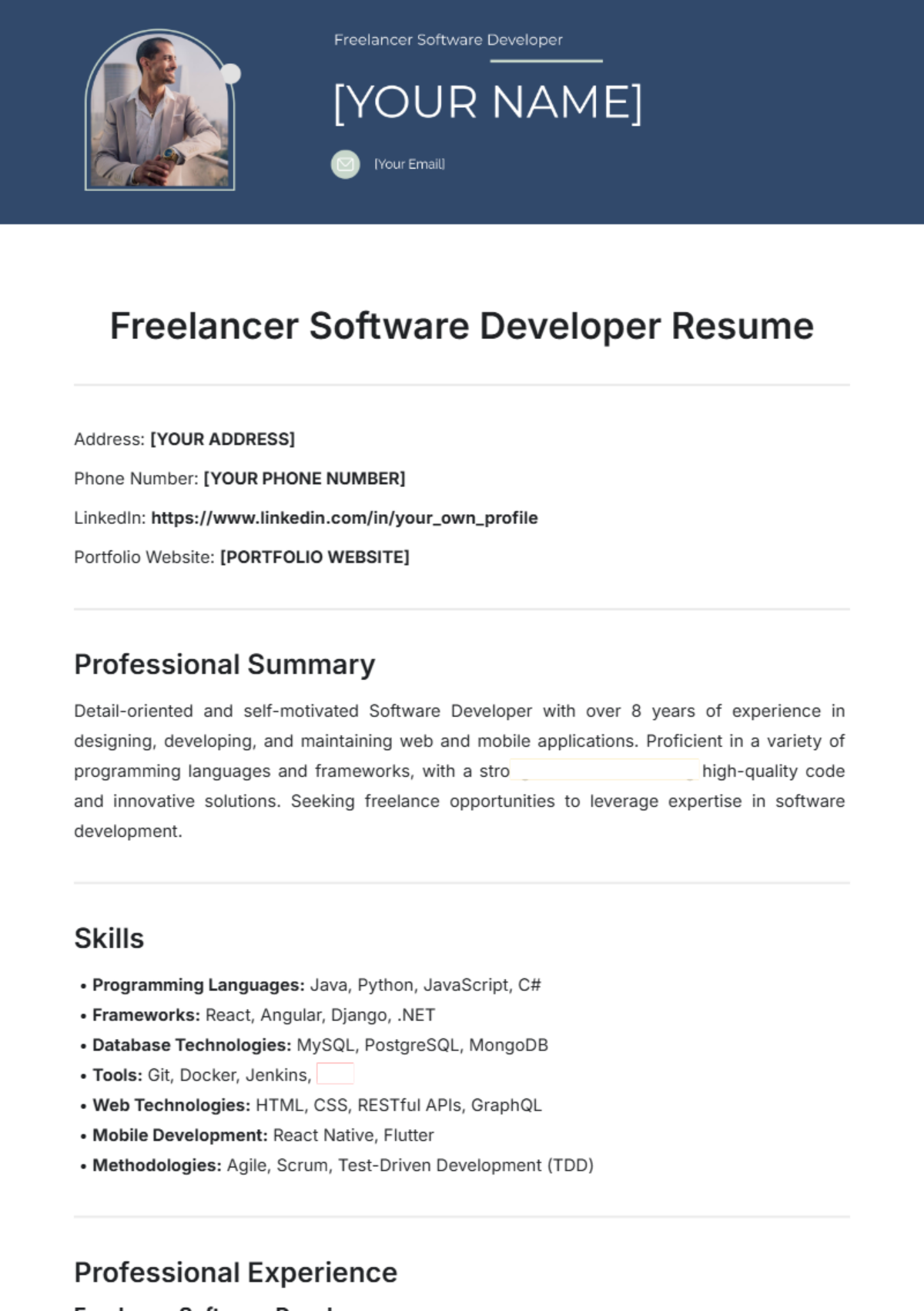 Freelancer Software Developer Resume Template - Edit Online & Download