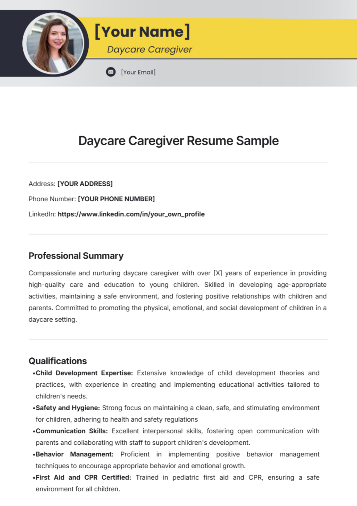 Daycare Caregiver Resume Sample Template - Edit Online & Download