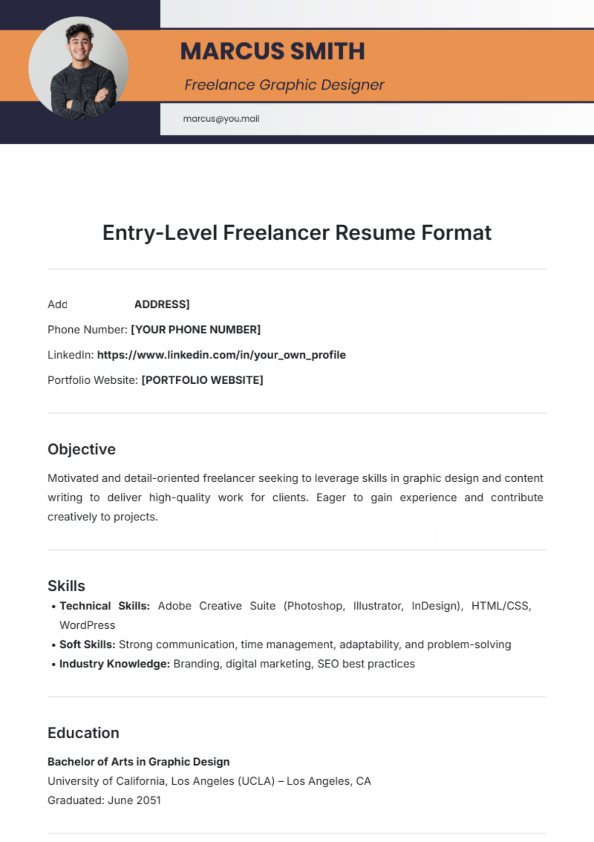 Entry-Level Freelancer Resume Format Template - Edit Online & Download