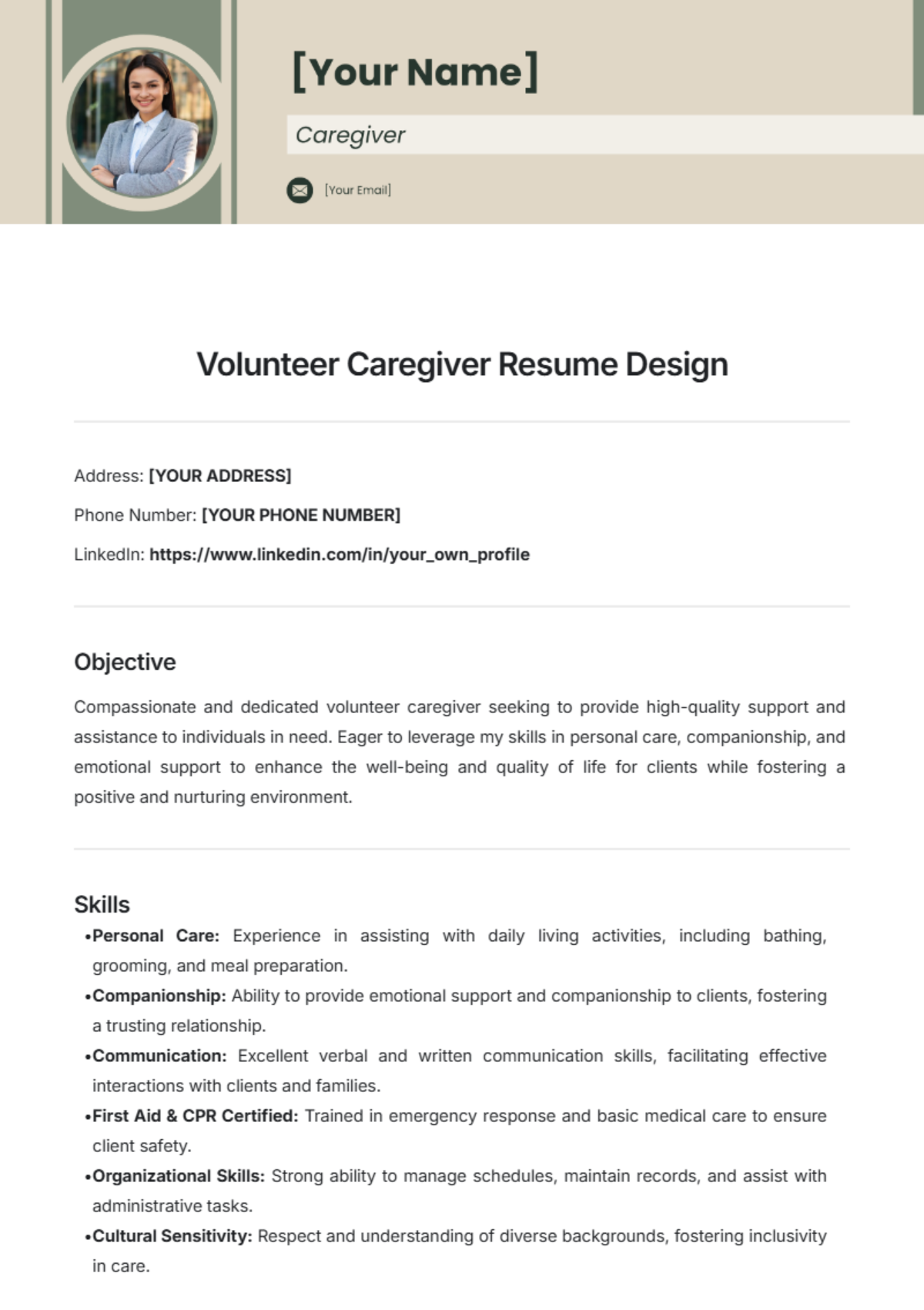 Volunteer Caregiver Resume Design Template - Edit Online & Download