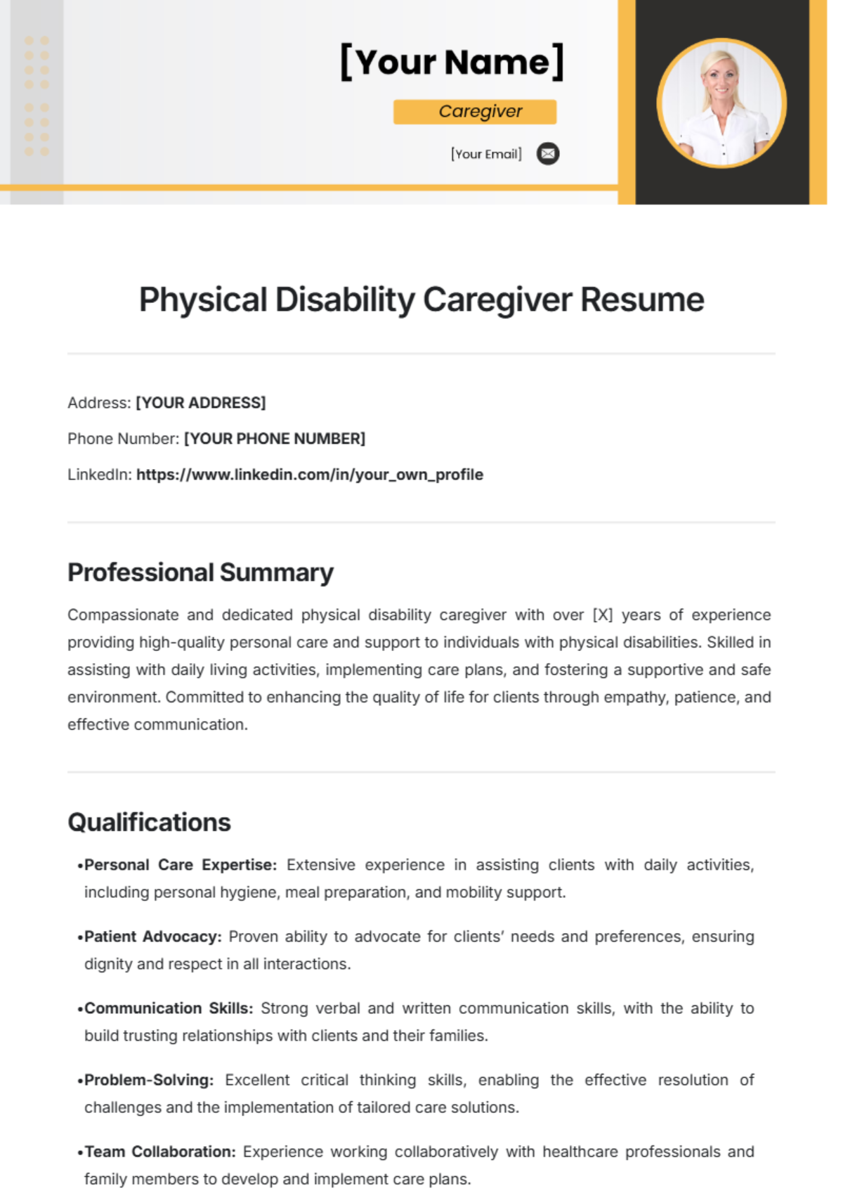 Physical Disability Caregiver Resume Temlate - Edit Online & Download