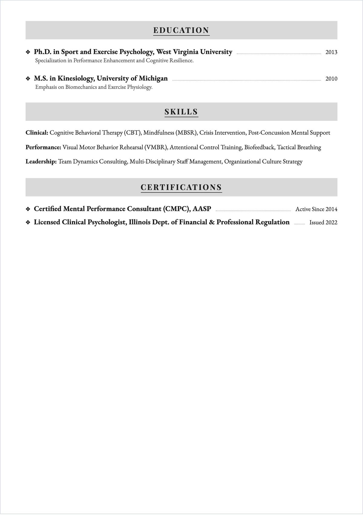 Free Sports Outline Psychologist ATS Resume Template