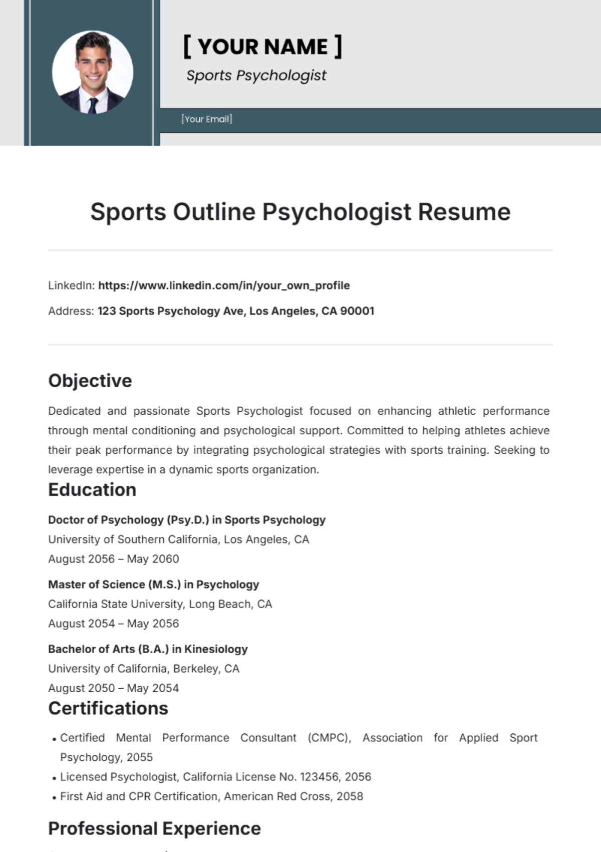 Sports Outline Psychologist Resume Template - Edit Online & Download