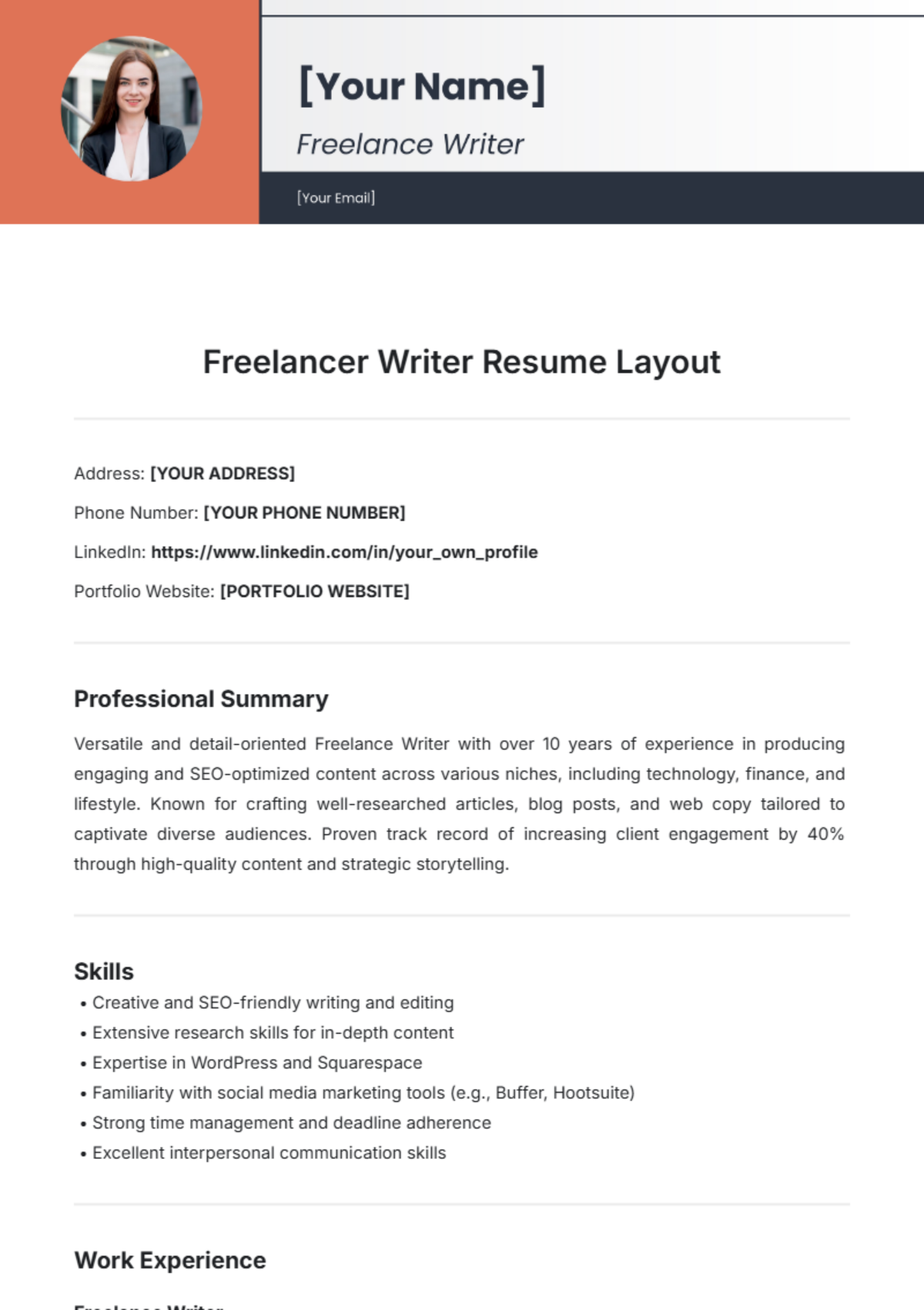 Freelancer Writer Resume Layout Template - Edit Online & Download