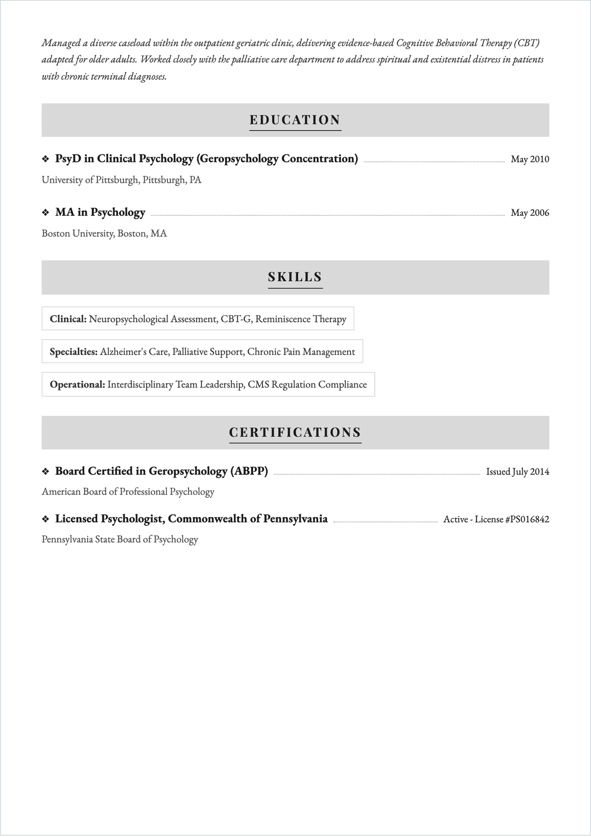 Free Geriatric Psychologist ATS Resume Template, AI Resume Builder