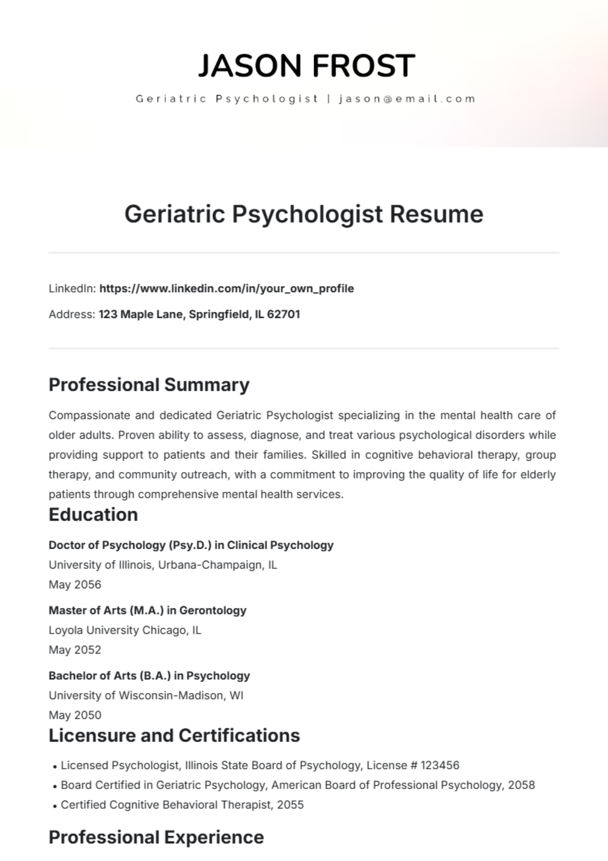 Geriatric Psychologist Resume Template - Edit Online & Download